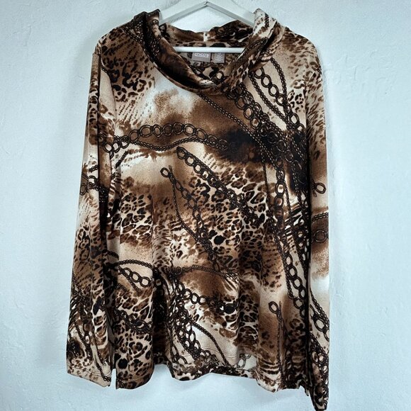 Chico's Womens Animal Links Cowl Neck Tunic Top Size 3 Brown & Beige Knit New - Picture 1 of 8